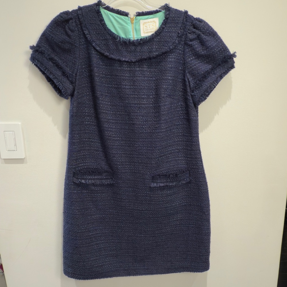 Sail to Sable Navy Tweed Fringe Dress Turquoise Liner Women’s Size Large